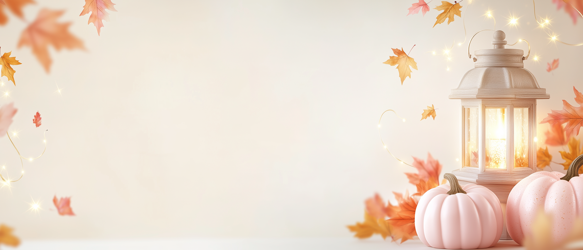 Halloween Ecosusi: farol, calabazas rosadas y hojas de otoño